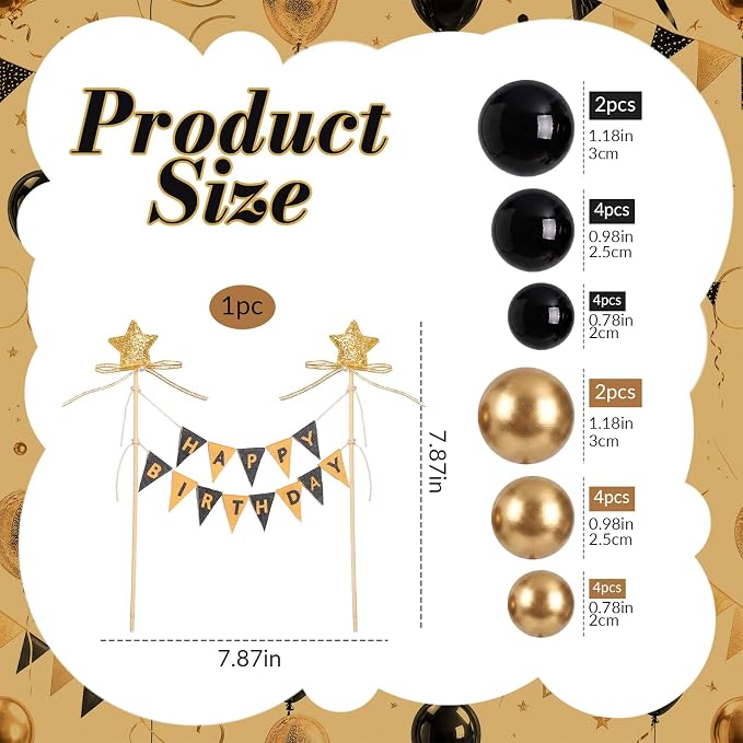 21 Pcs Happy Birthday Cake Topper Cake Bunting Topper Banner with Wood Pole Rainbow Garland with Bow Ribbon Balloon, Mini Cupcake Decor for Birthday Baby Shower (Black,Gold)