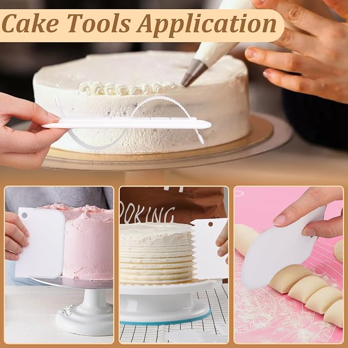 4Pcs Cake Decorating Tools Set, 1 Cake Arch Guide Tool & 3 Cake Scraper Smoother, Adjustable Arc Divider, Fondant Icing Smoothing Tools for DIY Cakes, Bread and Desserts
