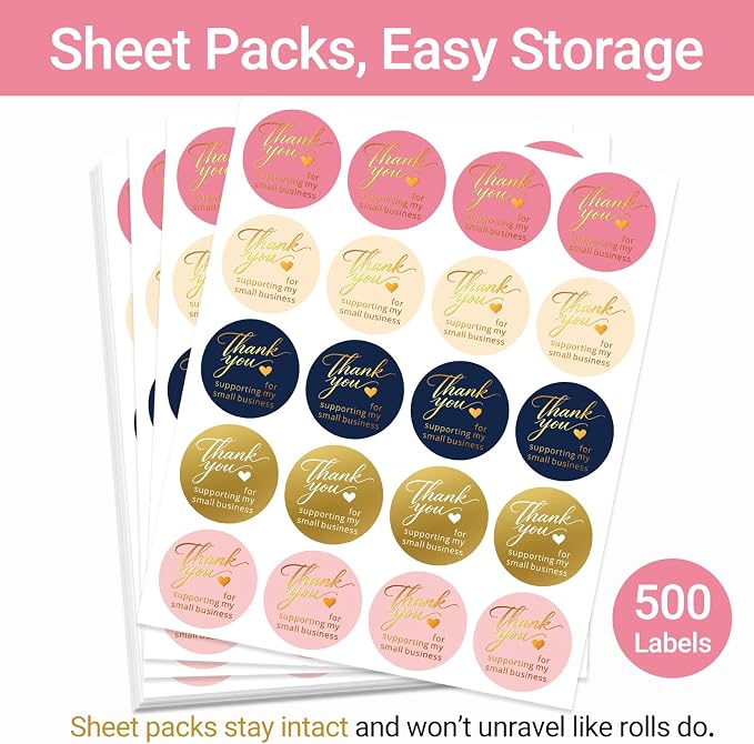 500 Pcs 1.5 Inch Thank You Stickers, Elegant Gold Foil Multicolor Thank You Stickers for Small Business, Enlarged Print Strong Adhesive Labels for Bakery Boxes, Order Packaging, Envelopes