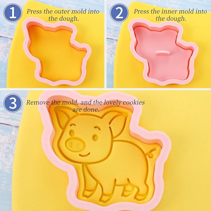 Farm Animal Cookie Cutter with Cookie Stamps 8 Pcs Plastic Farm Animal Theme Fun Cookie Mold for Children Baking (Farm)