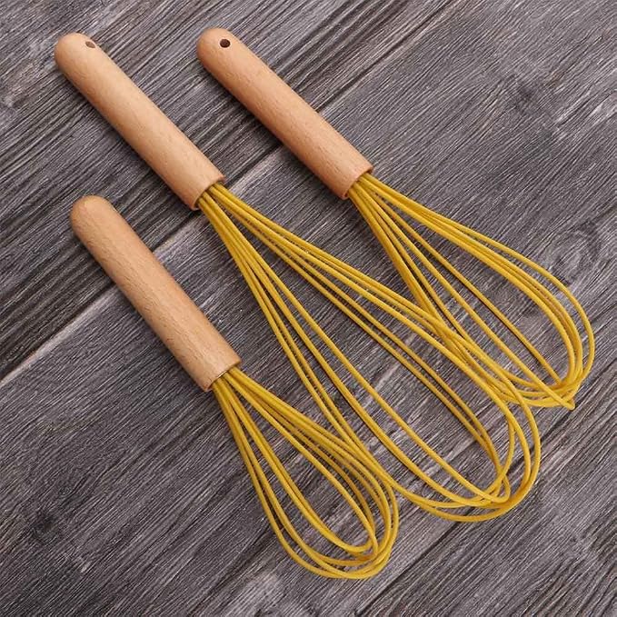 3 Pcs Silicone Whisks With Wooden, Non Scratch Coated Whisks, Balloon Whisk Egg Beater For Cooking, Blending, Whisking, Beating, Stirring