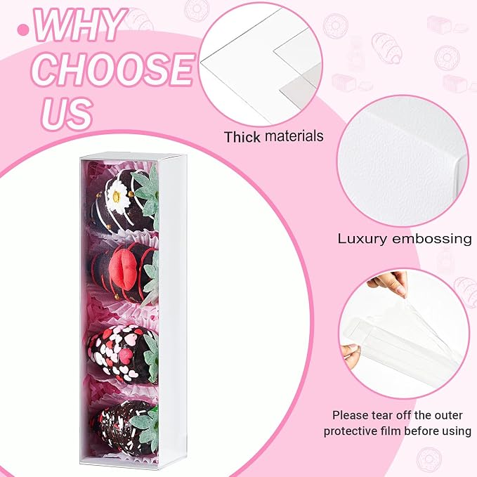 50Pcs 8x2.2x2 Inches Chocolate Covered Strawberry Boxes, Mcaron,Truffle,Chocolate Boxes Empty & Bakery Boxes for Cake,Strawberry,Dessert,Bonbon & Sweet Boxes Party Favors