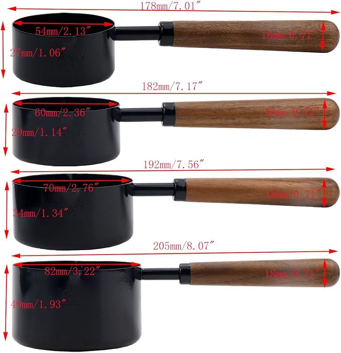 Set of 4 Measuring Cups and Spoons Black Measuring Cups with Wooden Handle Stainless Steel Measuring Spoons and Scoops Set for Kitchen Flour Spice Seasoning Measurement (1+1/2+1/3+1/4 Cup)