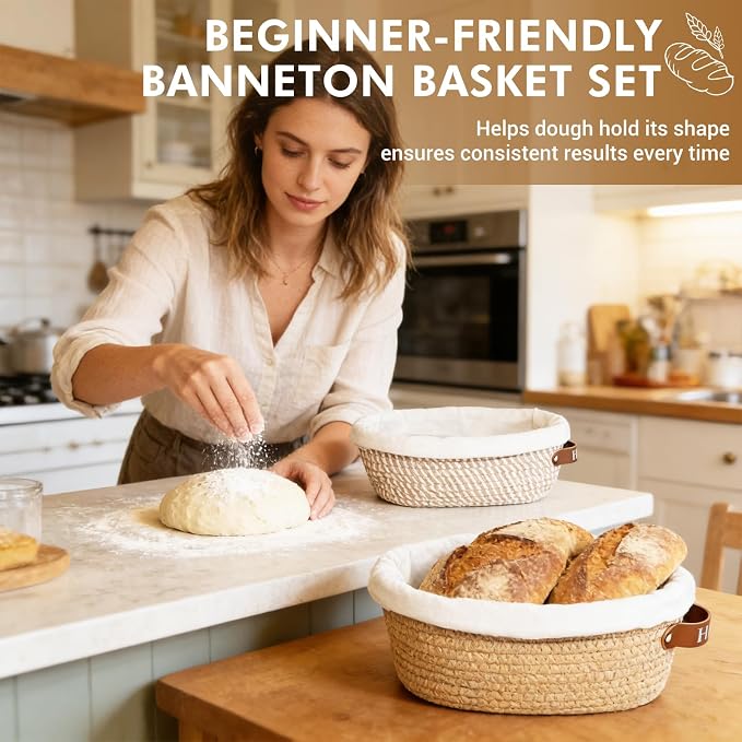 Proofing Basket Banneton Bread Baskets Sourdough Proofing Basket 2Pcs Oval | Howasai Sourdough Proofing Basket, 2Pcs 10''Oval Banneton Baskets With Liners & Covers, Cotton Rope Bread Baskets