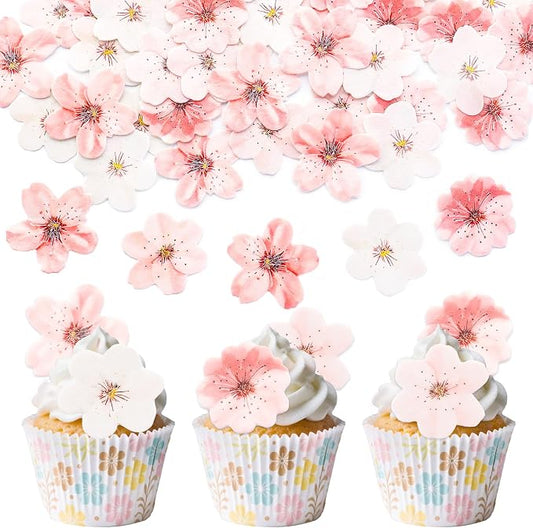50 Pcs Edible Cherry Blossoms Cake Decorations, Edible Cherry Blossom Cupcake Toppers Rice Paper Flower Cake Toppers for Birthday Baby Shower Party Decorations Supplies Pink