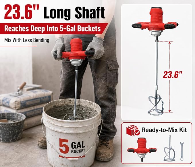 2100W Cement Mixer, 110V 6-Speed Handheld Electric Concrete & Mortar Mixer with Paddle, Copper Motor Mud Mixer for Paint, Grout, Thinset, Drywall Mud, Self-Leveling Cement and DIY Home Projects
