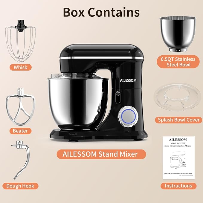SAMSAIMO 3-IN-1 Electric Stand Mixer, 10-Speed With Pulse Button, Attachments include 6.5QT Bowl, Dough Hook, Beater, Whisk for Most Home Cooks (Onyx Black)