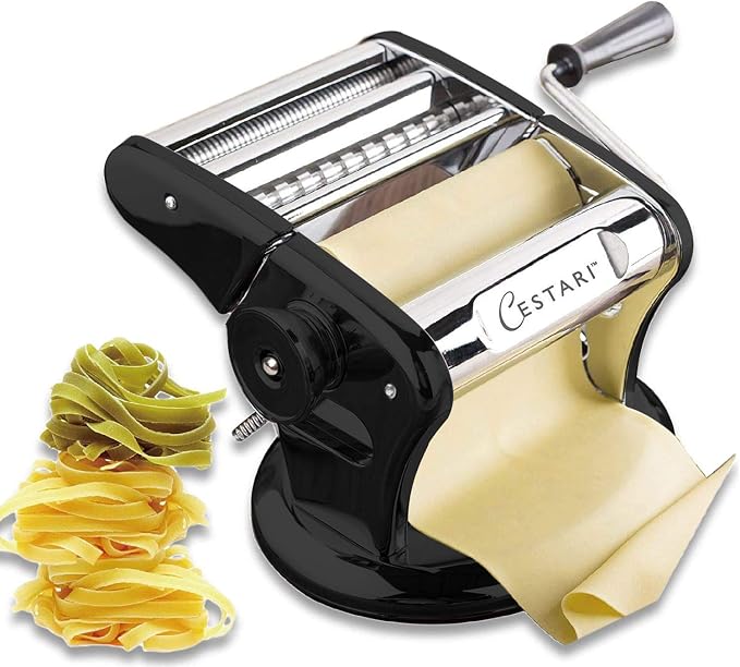 Cestari Stainless Steel Pasta Machine - 150 mm Roller with Patented Suction Base for No-Slip Use - Includes Pasta Cutter, Hand Crank, and Recipes