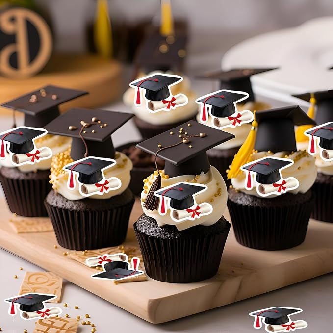 48pcs Edible Graduation Cap Cupcake Toppers Wafer Paper Red Grad Cap Diploma Cake Decorations Edible Grad Cap Cupcake Picks for 2026 Graduation Theme Party Cake Decor Supplies
