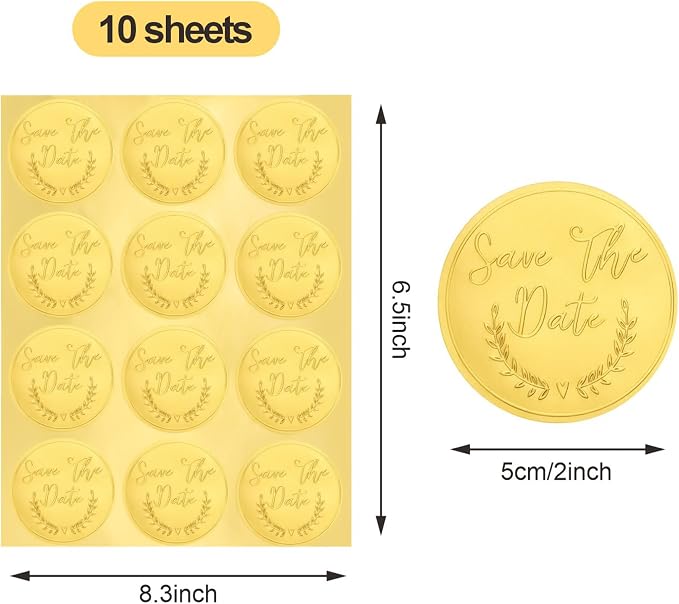 Save the Date Stickers,120pcs Matte Gold Embossed Envelope Seals for Wedding Invitations, Bridal Shower, Engagement Party, Gold Foil Stickers for Envelopes, Favor Bags and Gifts Packaging, 2 Inch