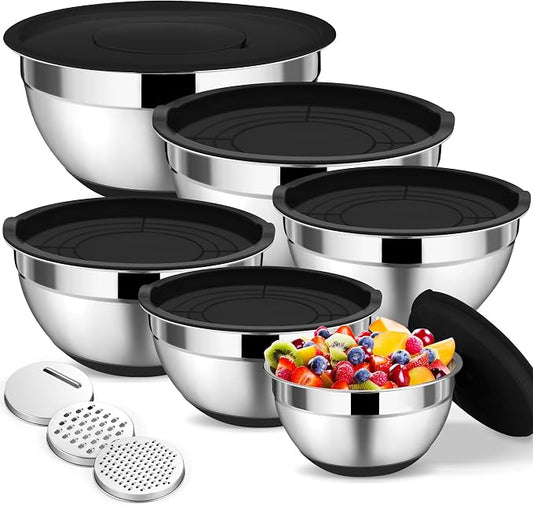 TeamFar Mixing Bowls, 6 PCS Stainless Steel Nesting Salad Bowl with Lids & 3 Graters, For Kitchen Cooking Serving Prepping, Airtight & Non-Slip, Size 4.6/3.5/2/1.5/1/0.7 QT, Black