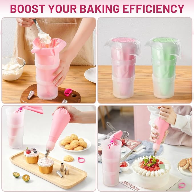Piping Bag Holder Stand for Filling, Pastry Piping Bag Holder Stand, Clear Cream Icing Bag Holder with 2 Pack 14 Inch Reusable Piping Bags & 10Pcs Pastry Bag Ties