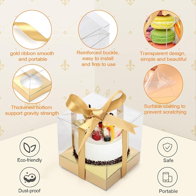 12 Pack Clear Plastic Cupcake Boxes, 3.5 Inch Gold Single Cupcake Containers Disposable Individual Cup Cake Carrier Holder Boxes with Inserts and Ribbon (Gold)