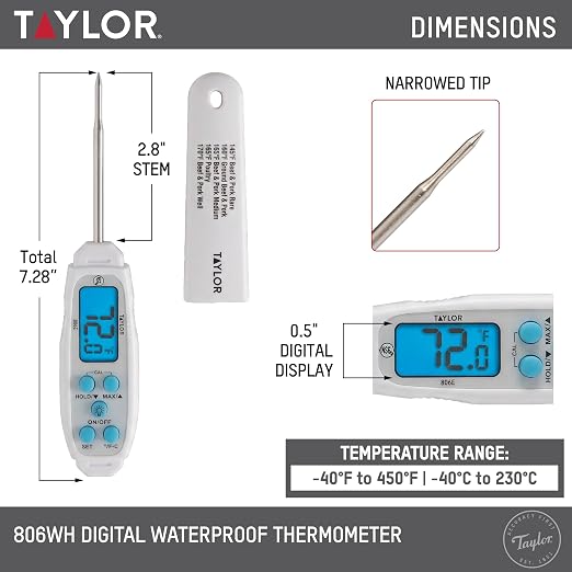 Taylor Digital Waterproof Meat Thermometer for Kitchen, Grill & BBQ, Blue Backlit Display, Narrow Step-Down Probe, Hold Function, NSF Certified, White