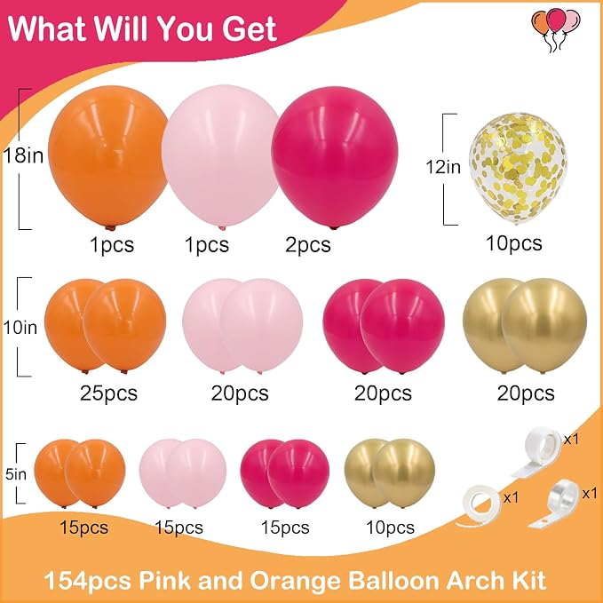 Pink and Orange Balloons Garland Arch Kit, 154pcs Hot Pink Light Pink Orange Metallic Gold and Confetti Latex Balloons for Summer Tropical Birthday Baby Shower Wedding Party Decorations