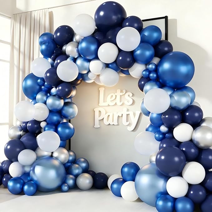 Blue White Silver Balloon Garland Arch Kit, 143 Pieces Navy Light Metallic Blue Silver White Balloons for Wedding Bridal Shower Graduation Birthday Party Decorations