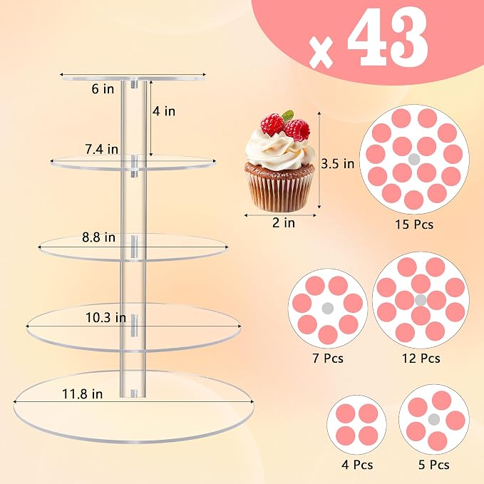 YestBuy 5 Tier Round Acrylic Cupcake Tree Tower Display Stand Display for Pastry Wedding Birthday Party (5 Tier Round (4" Between 2 Layers))