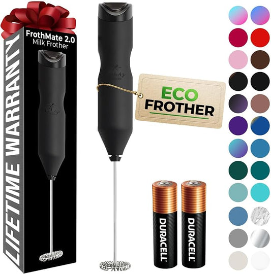 Zulay Kitchen Powerful Frother Wand AA Batteries Included, Ultra Fast Handheld Drink Mixer, Comfort Milk Frother, Stainless Steel Whisker, Frother Handheld for Coffee, Protein & Matcha - Frothmate 2.0
