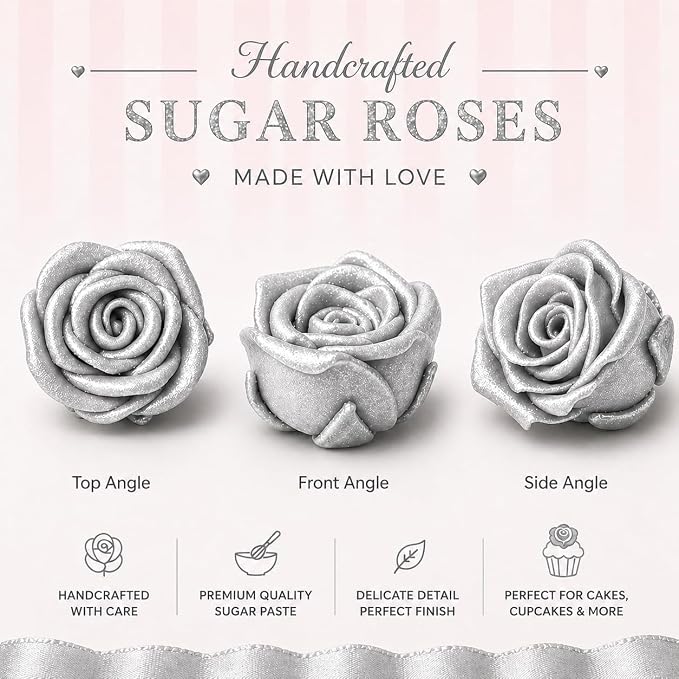 Confect Metallic Edible Shimmering Christmas Silver Roses | Edible Cupcake Toppers | Edible Flower For Cake Decorating | Pack Of 12 Edible Metallic Sugar Flowers for Cake Decorating
