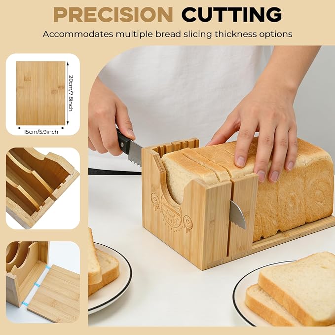 2-in-1 Bamboo Bagel & Bread Slicer Adjustable Thickness | Bamboo Cutting Guide, Manual Bread Slicer with Removable Extension Board for Homemade Bread, Bagels & Long Loaves