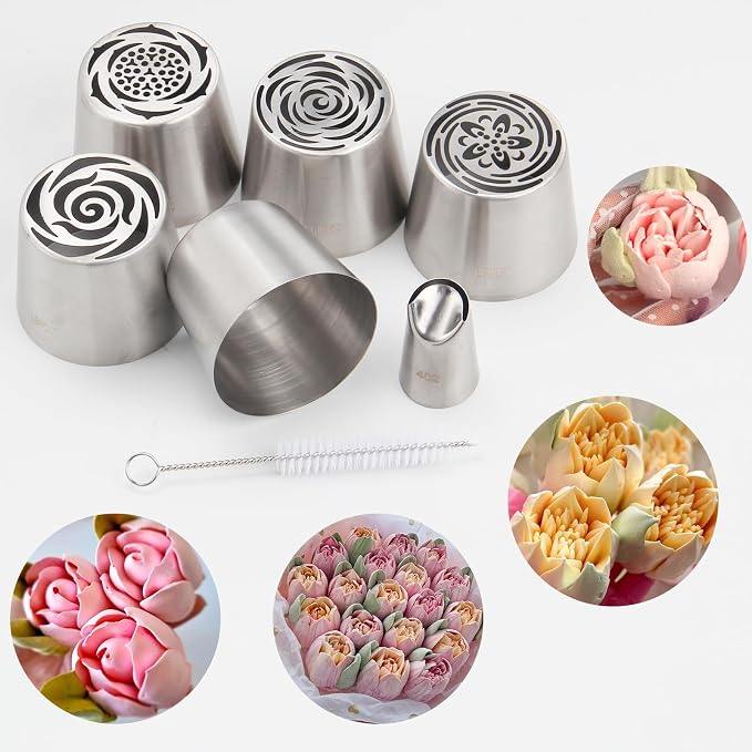 5pack Russian Piping Flower Nozzles Extra Large, Stainless Steel Rose Floral Piping Nozzles for Cake Decorating Icing, Cream Flower Bouquet DIY Cookies, Desserts Baking Tools (XXL, 5A）