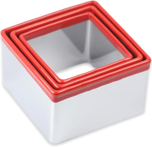 3 Pcs Square Cookie Cutter Set, Stainless Steel Biscuit Cutters for Baking, 2.5” 2.9” 3.3”, Sandwich Cutter Shapes for Kids, Red Soft Rubber Top for Protection