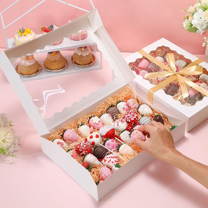 24 Pack Auto Pop-up Cookie Boxes with Window, 14x10x2.5 Inch White Bakery Boxes with Ribbon and Sticks for Treats, Chocolate Covered Strawberries, Cake Pops, Donuts, Pastries