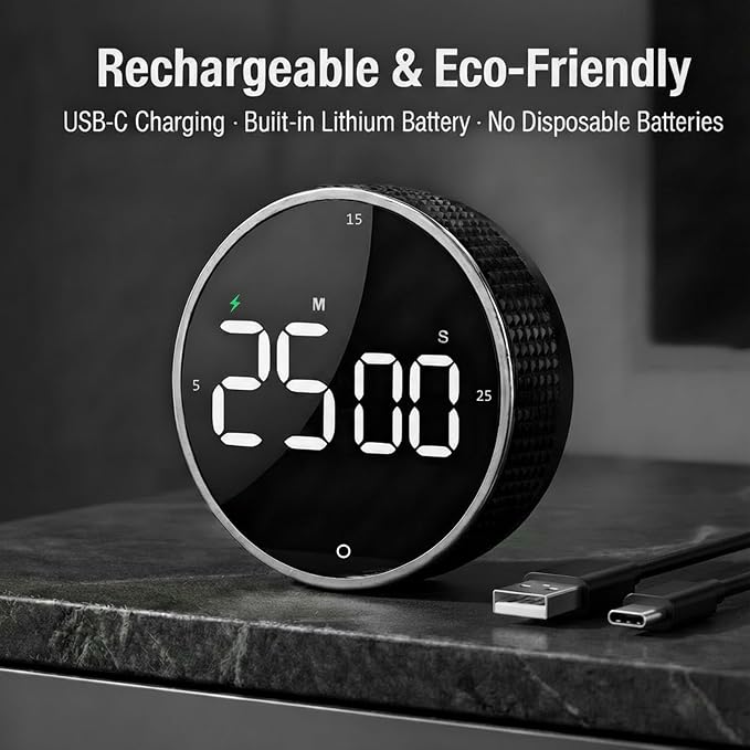 Rechargeable Magnetic Kitchen Timer, LED Countdown/Count-Up Timer, Supports USB-C Charging, with Loud Alarm, 3 Preset Quick Times (5/15/25m), Perfect for Kitchen Cooking, Studying, and Fitness