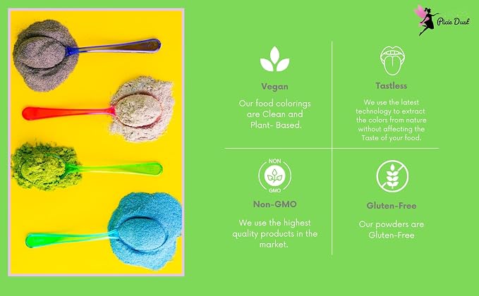 All-Natural Food Coloring Powder set - Red, Yellow, Blue, Green. | Perfect for cake decorating, cookie frosting, icing & drinks | Dye-Free, Plant-Based, Flavorless, Kosher | No-Carmine, No annatto, No Propylene Glycol | by PIXIE DUST | Medium .17 oz Ea...