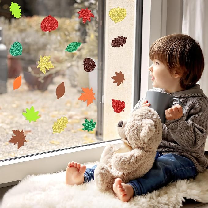 600Pcs Glitter Fall Leaf Foam Sticker Self Adhesive Maple Leaves | Autumn Thanksgiving Leaf Decals for Kids, DIY Crafts, Scrapbook, Party Favors, Halloween Decorations Supplies