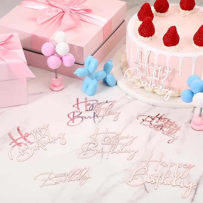 Barydat 24 Pieces Pink Happy Birthday Cake Toppers Mirror Acrylic Cupcake Topper Happy Birthday Sign for Cake Side Cupcake Decorations, 6 Styles