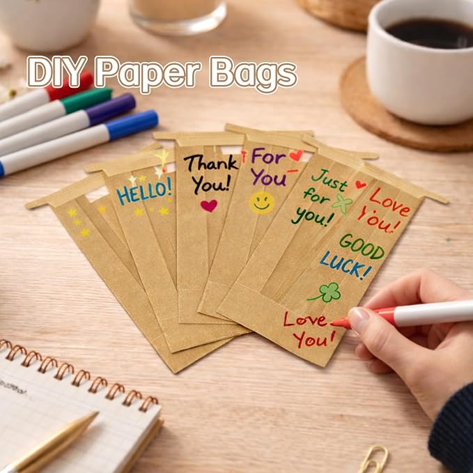 WIKDAY Bakery Bags with Window 25PCS Paper Cookie Bags Tin Tie Tab Lock Small Pastry Bags for Baked Goods Gift Giving Snack Treat Desert Packaging Storage Includes Label Seal Stickers 3.5x2.3x7.5in