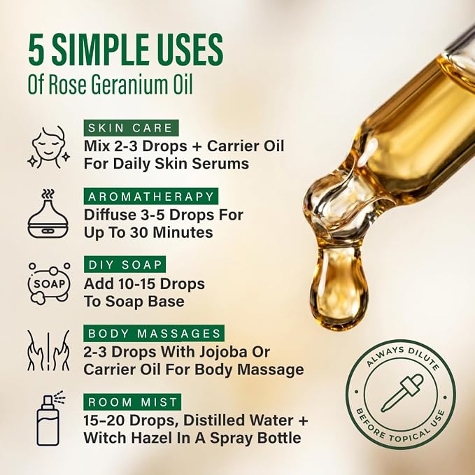 100% Pure Rose Geranium Oil - 4 Fl Oz Rose Geranium Essential Oil for Hair, Skin, Diffuser, Aromatherapy & DIY Soap Making Scent