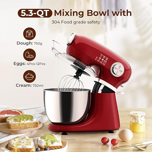 Electactic Stand Mixer With 12 Speed,5.3 Quart Electric Mixer With Tilt Head, Kitchen Mixer for Daily Use with Egg Whisk,Dough Hook,Flat Beater, RED
