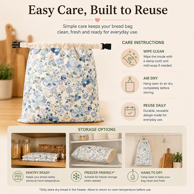 Bread Bags for Homemade, Natural Beeswax Bread Bag 2 Pack XL 13x17 Inch, Reusable Organic Cotton Linen Storage Bags, Beeswax Bread Bags for Sourdough, Keeps Bread Fresh Longer (Little Blue Flower)