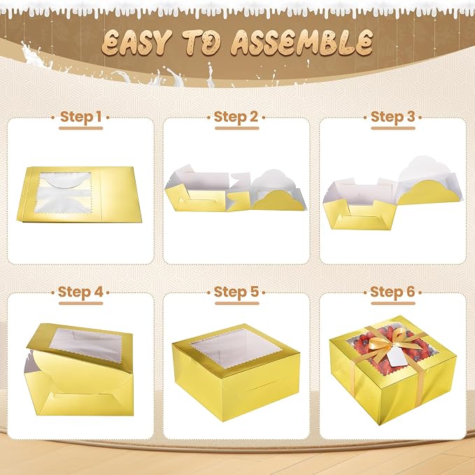 32Pcs 10 Inch Cake Boxes with Cake Boards (16Pcs Gold Cake Boxes, 16Pcs Cake Boards), 10x10x5 Inch Bakery Boxes with Window, Cake Carrier Container for Birthday Party, Wedding