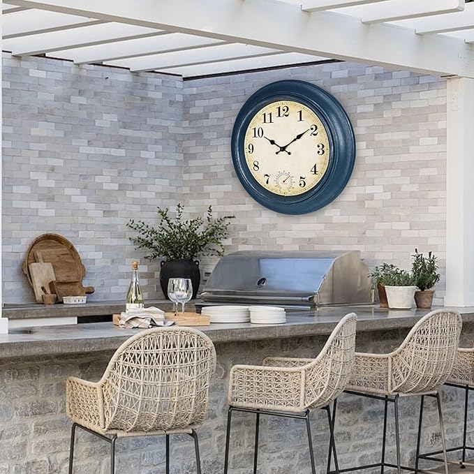 Large Outdoor Clocks Waterproof with Thermometer Combo Rustic Coastal Wall Clock Decor for Patio Pool Bathroom (18 Inch,Blue)