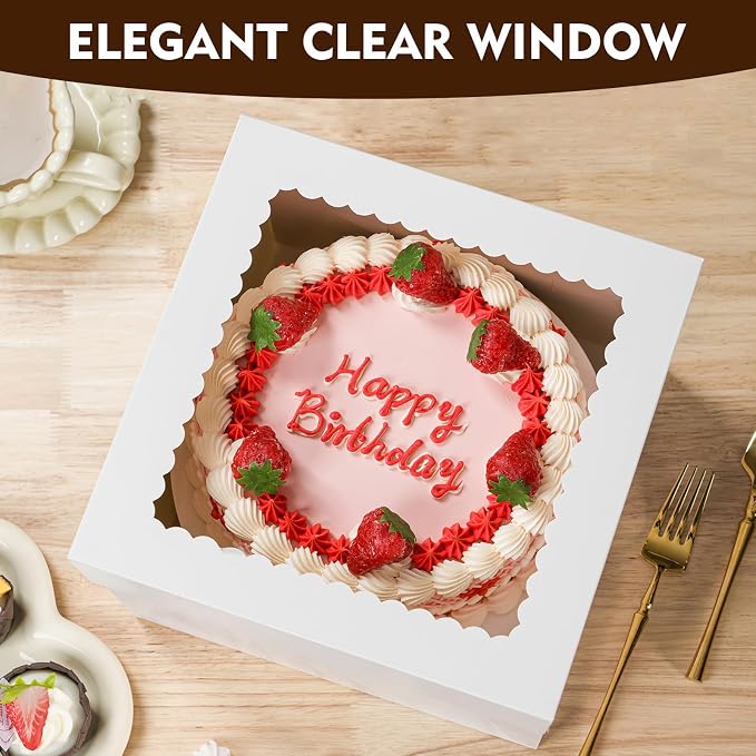 20 Pcs Cake Boxes, 10x10x8 Inch Tall Cake Box with Window, White Cake Boxes 10 Inch, Large Square Cake Box, Disposable Bakery Boxes for Cake Pastry Desserts Cookies Pies Wedding Birthday Party
