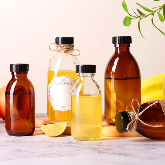4 oz Small Glass bottles, 4 Pack Empty Clear Juice Glass Bottle with Cap for Homemade Vanilla Extract, Essential Oils, Potion, Syrup, Liquids, Christmas, Holiday Gift