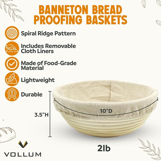 PW-V3002-LIN: Vollum Banneton Bread Proofing Basket & Liner – Handmade Rustic Sourdough Bread Baking Supplies, Brotform Basket, Sour Dough Tools, Gifts for Bakers - Round - 10"D x 3.5"H