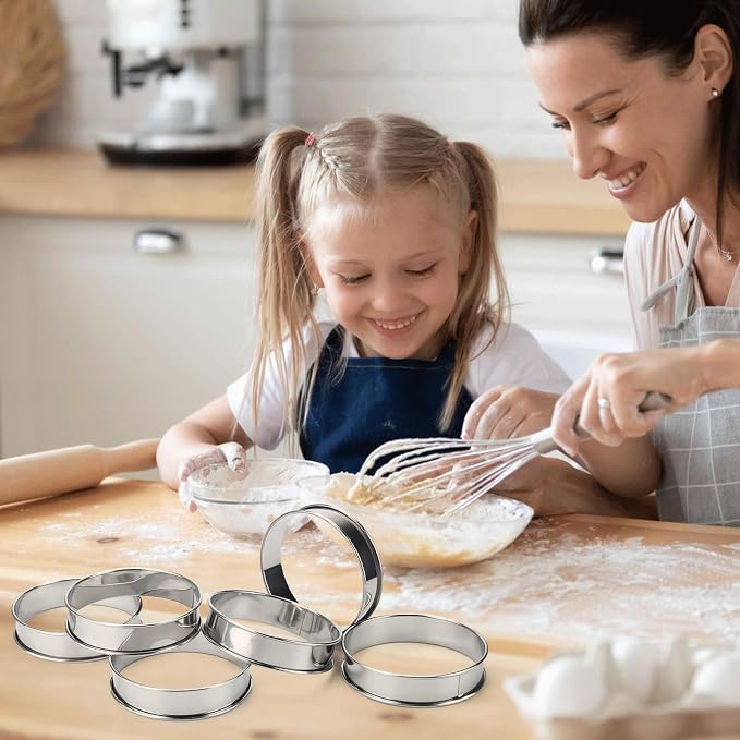 Catcan 6 Pieces English Muffin Rings, 4 Inch Stainless Steel Crumpet Ring Double Rolled Tart Ring Nonstick with Silicone Oil Brush for Home Food Making Tool