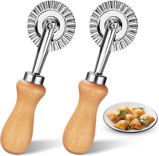 2Pcs Pasta Cutter Wheel Stainless Steel Fluted Pastry Ravioli Cutter Wheel with Wooden Handle Pastry Crimper for Home Kitchen