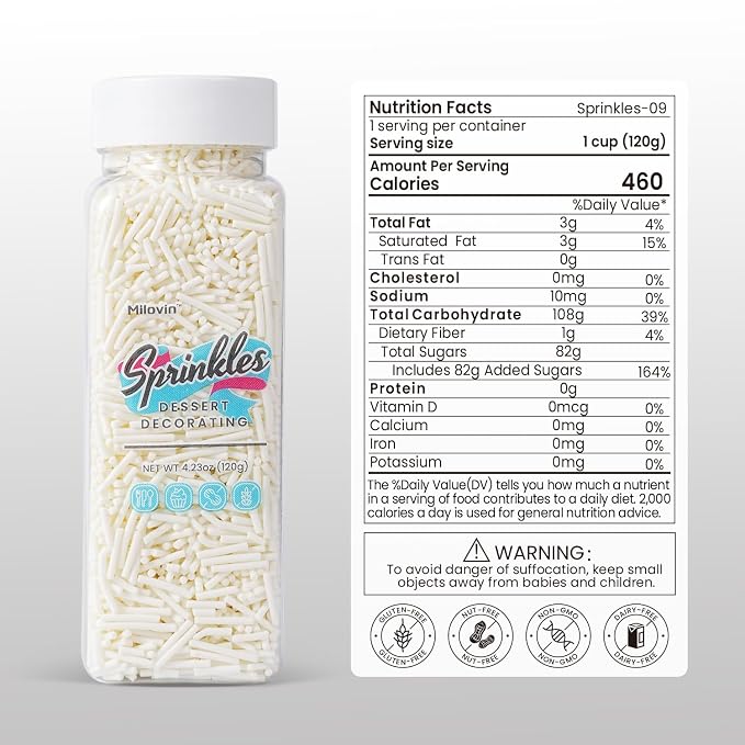 Edible White Sprinkles, White Jimmies Sprinkles, Jimmies for Cake Decorating, Cupcakes, Cake Toppers, Macarons, Cookies, and Ice Cream Toppers(120g/4.23oz)