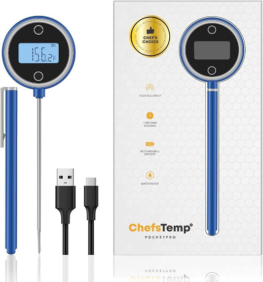 Pocket Pro 1-Second Instant Read Meat Thermometer, Rechargeable Digital Thermometer for Grilling, Food, BBQ, Kitchen Cooking, Oil Deep Frying & Candy (Nobility Blue)