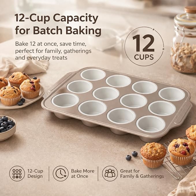 12-Cup Silicone Muffin Pans with Steel Frame, Nonstick Bakeware, Reusable Cupcake Pans with 12 Piping Nozzles & Bag for Baking | Silicone Muffin Pans for Cupcakes & Muffins