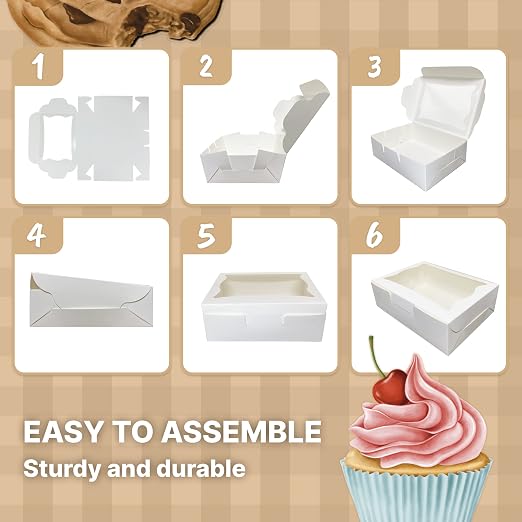 White Paper Bakery Boxes - 50-Pack Pastry Boxes with Window for Cookies, Chocolate Covered Strawberries, Macarons, and Muffins, Dessert Disposable Packaging, 8 x 6 x 2.5 Inches