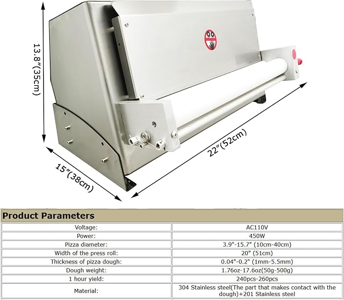 110V 450W Electric Pizza Dough Roller Sheeter Pastry Press Making Machine 3.9"-15.7" Pizza Forming Machine