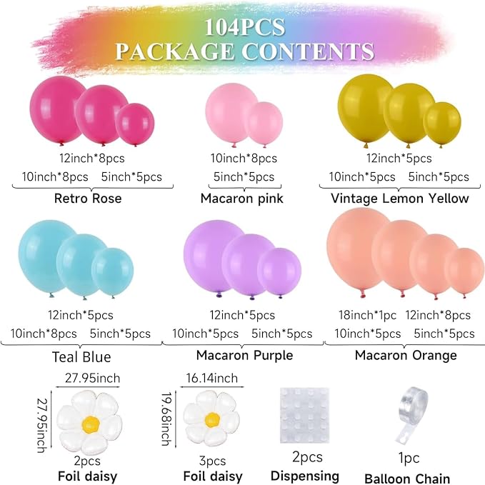 Pastel Balloon Arch Kit, Daisy Balloon Arch Garland with Macaron Pink Blue Purple Yellow Orange Rainbow Latex Balloons Daisy Flower Foil Balloons for Girls Women Birthday Pastel Party Decorations