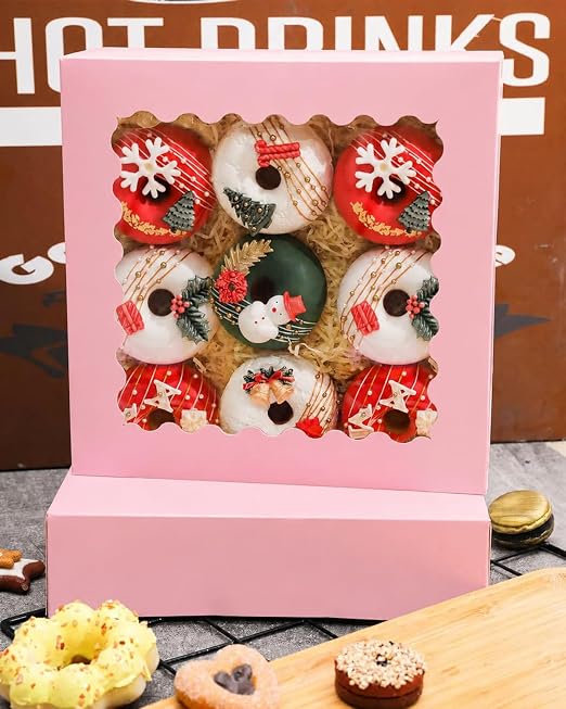qiqee 10"x 10"x 2.5" Pink Pie Boxes with Window 50Packs Cookie Donut Bakery Box (Auto-pop Up)
