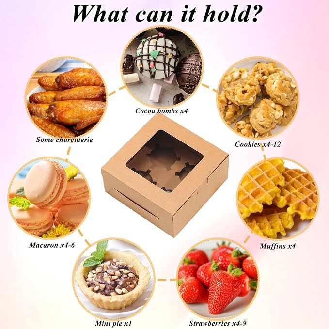 YAYODS 100 Pack Cookie Boxes 6x6x3 Bakery Boxes with Window, Small Kraft Treat Box with Stickers for Desserts, Pastry, Small Donut, Individual Cupcakes, Baked Goods